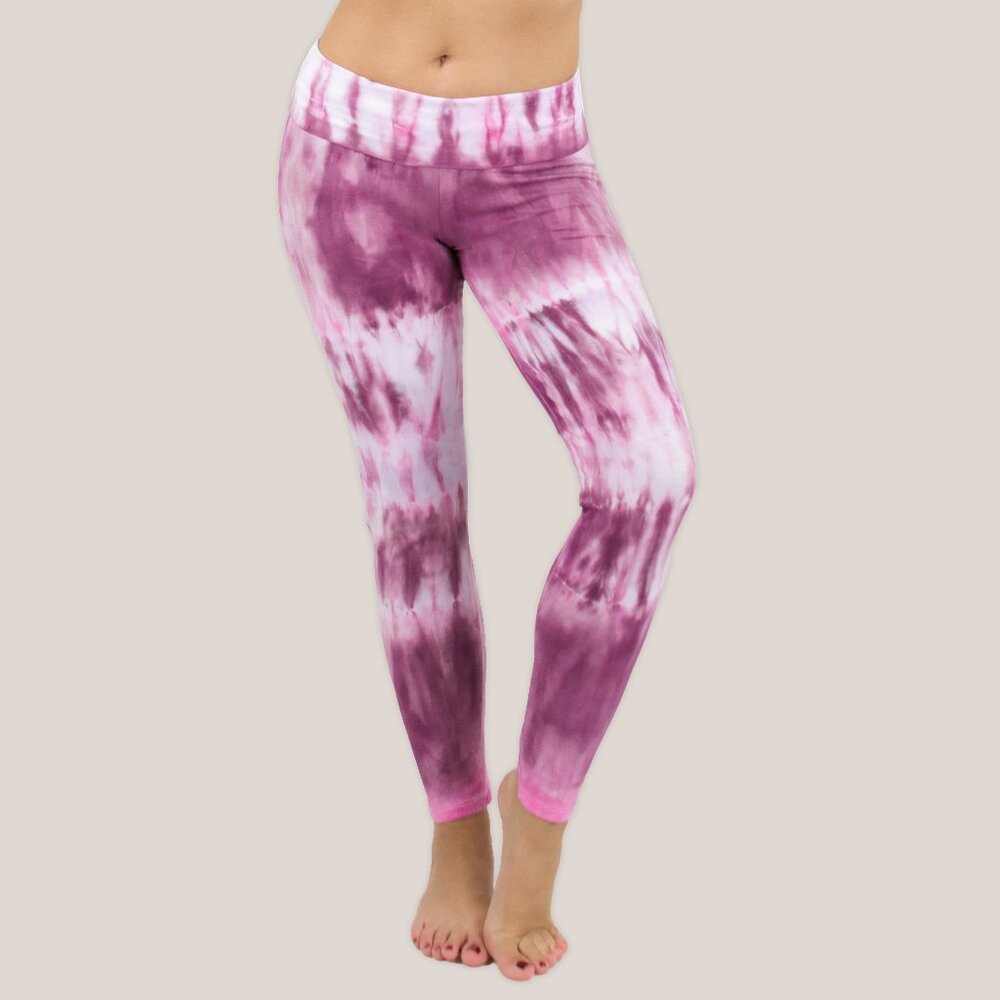 Dusty Rose Tie Dye Yoga Leggings | Pink + White Fold Over Cotton Waistband Pants